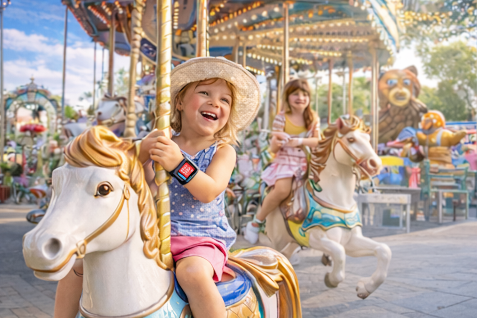 Happy child on a carousel wearing a safety smartwatch